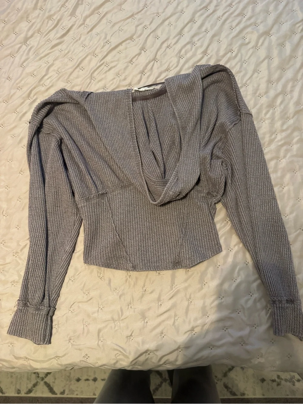 Heather Gray Ribbed Cropped Cinched Top with Hook Closure- FREE PEOPLE